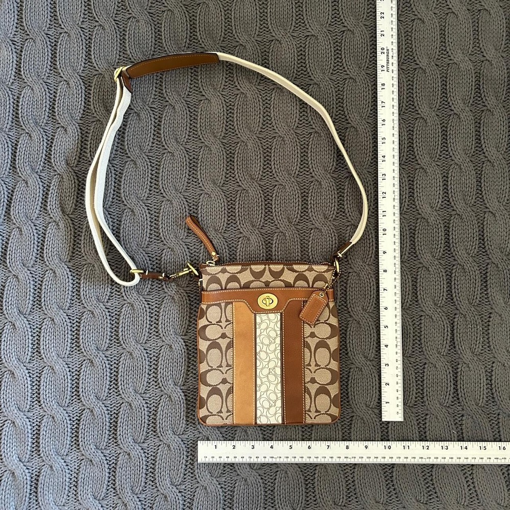 Coach Signature Monogram Crossbody Bag Brown Tan Leather Trim Turnlock Small